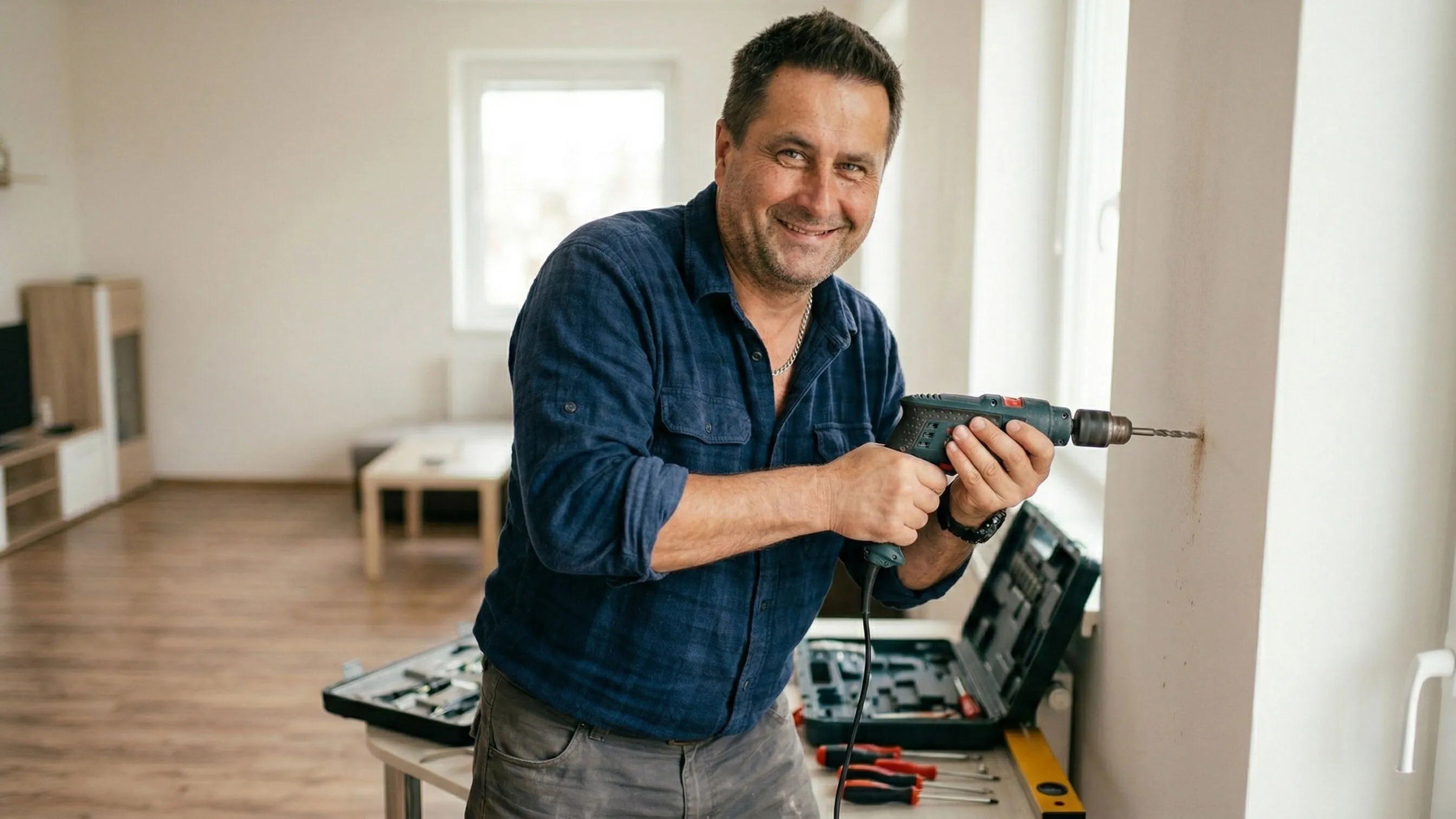 Jindřich Šrejma při práci — vrtání do zdi v domácnosti